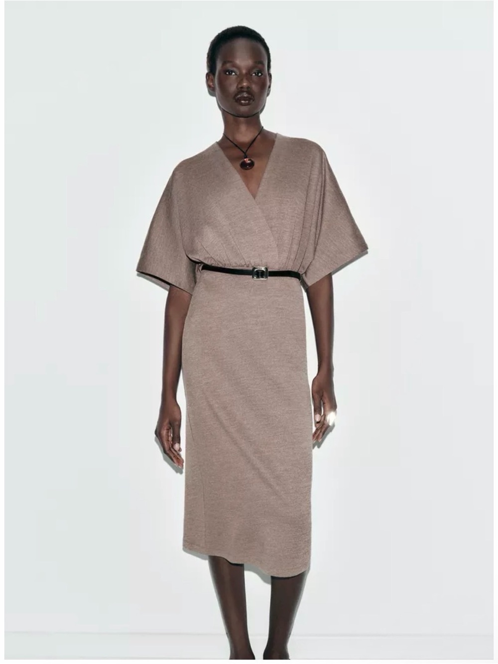 ZARA Taupe Wrap-Front Midi Dress with Belt